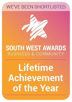 South West Awards badge: ‘Lifetime Achievement of the Year’, orange–pink gradient, with ‘We’ve been shortlisted’ banner and star logo.
